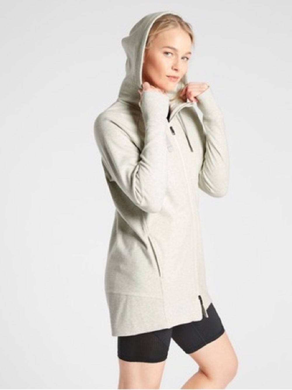 Athleta Oatmeal Heather Beige Intention Coverup Oversized Tunic Hoodie small